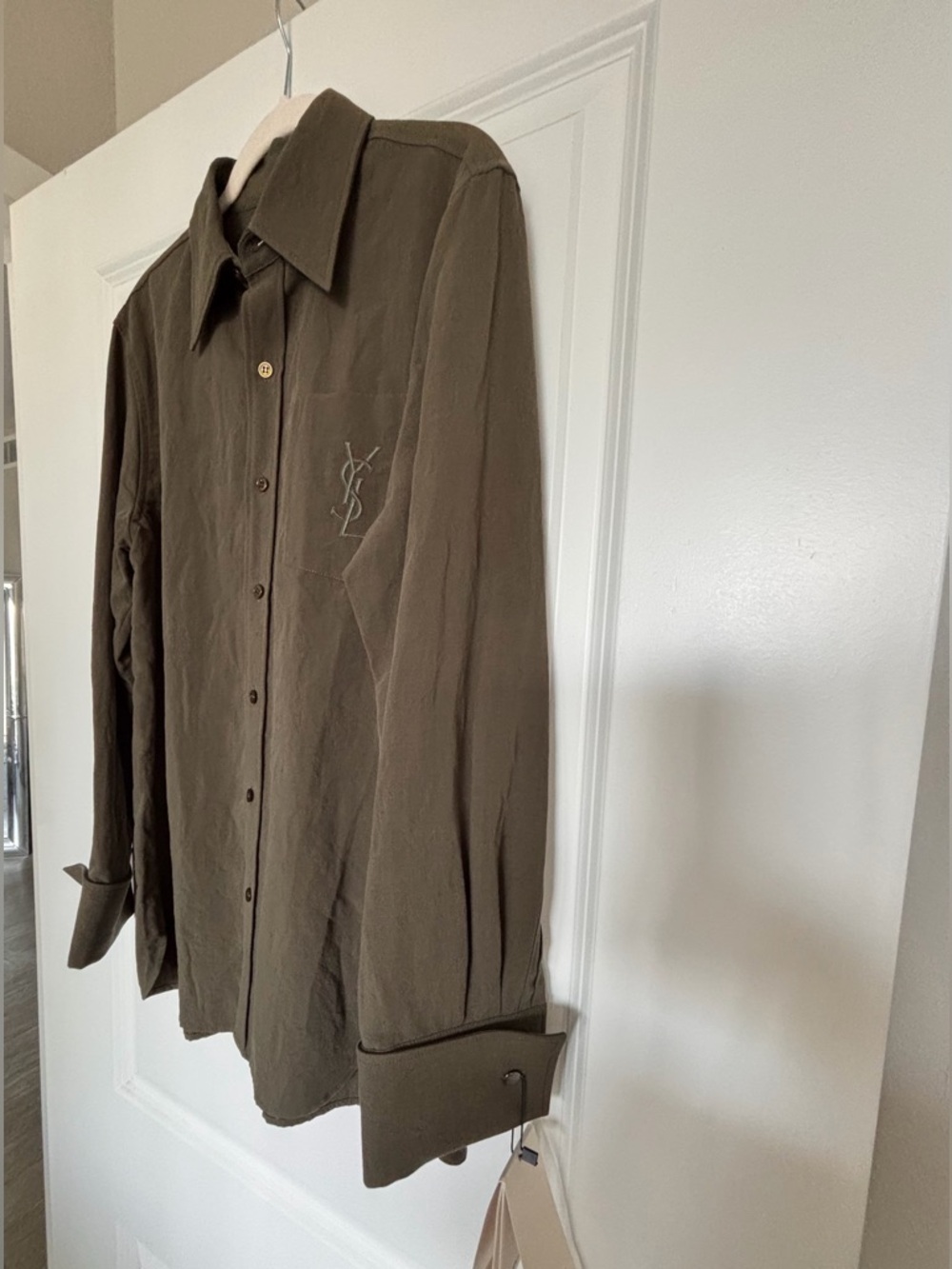 Yves Saint Laurent Olive Button-Down Shirt w Embroidered Logo in the left chest